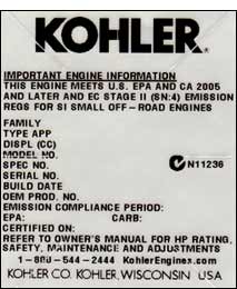 Sample Kohler Engine Label