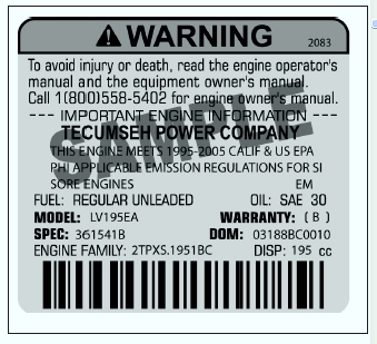 Sample Tecumseh Engine Label