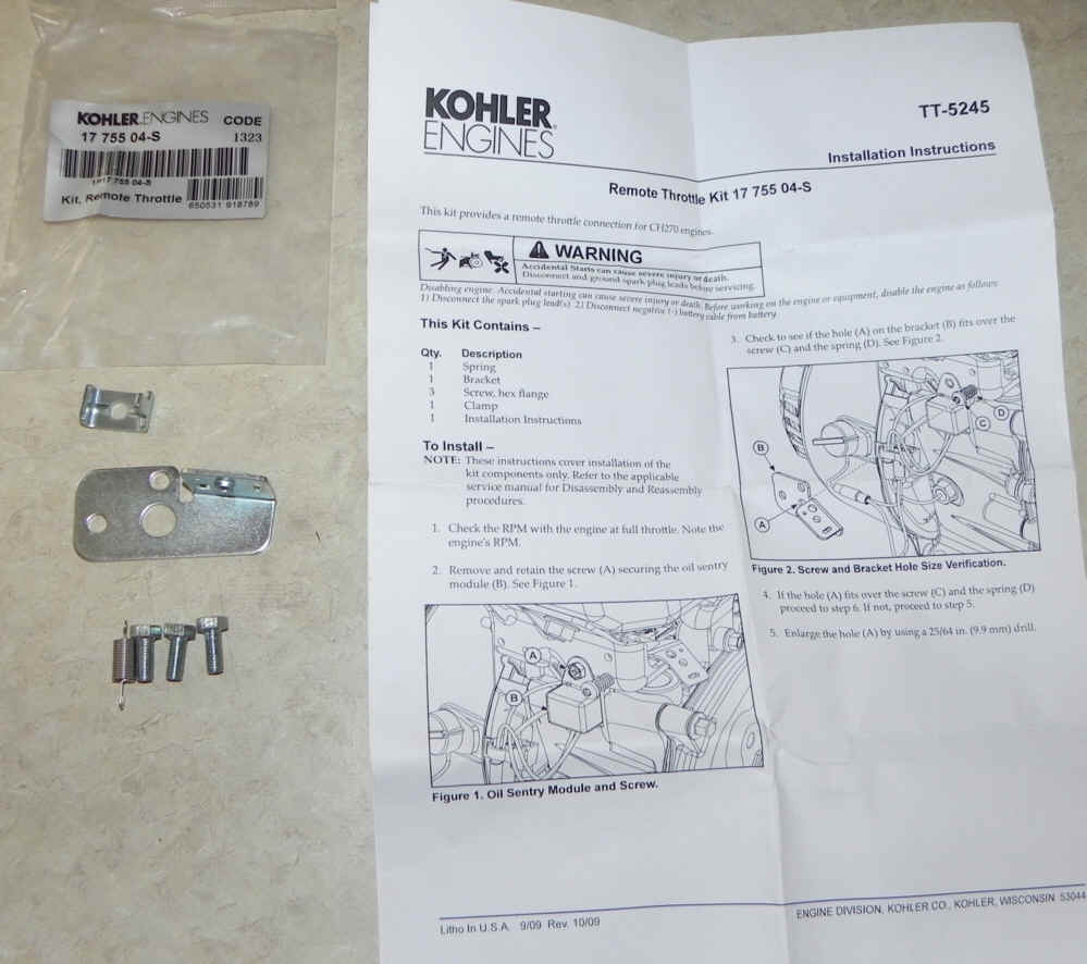 Kohler Remote Throttle Kit for CH270 - Part No. 17 755 04-S